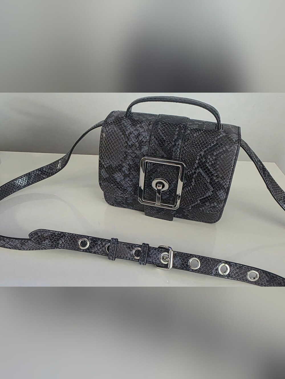 Rebecca Minkoff Snake-Embossed Crossbody Bag with Silver Buckle